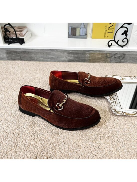 LCQL Men\'s Brown Leather Velvet Loafer Gold Buckle Slip On Comfortable Shoes main image 6
